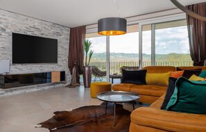 Televisie, een open haard, een dvd-speler en een stereo