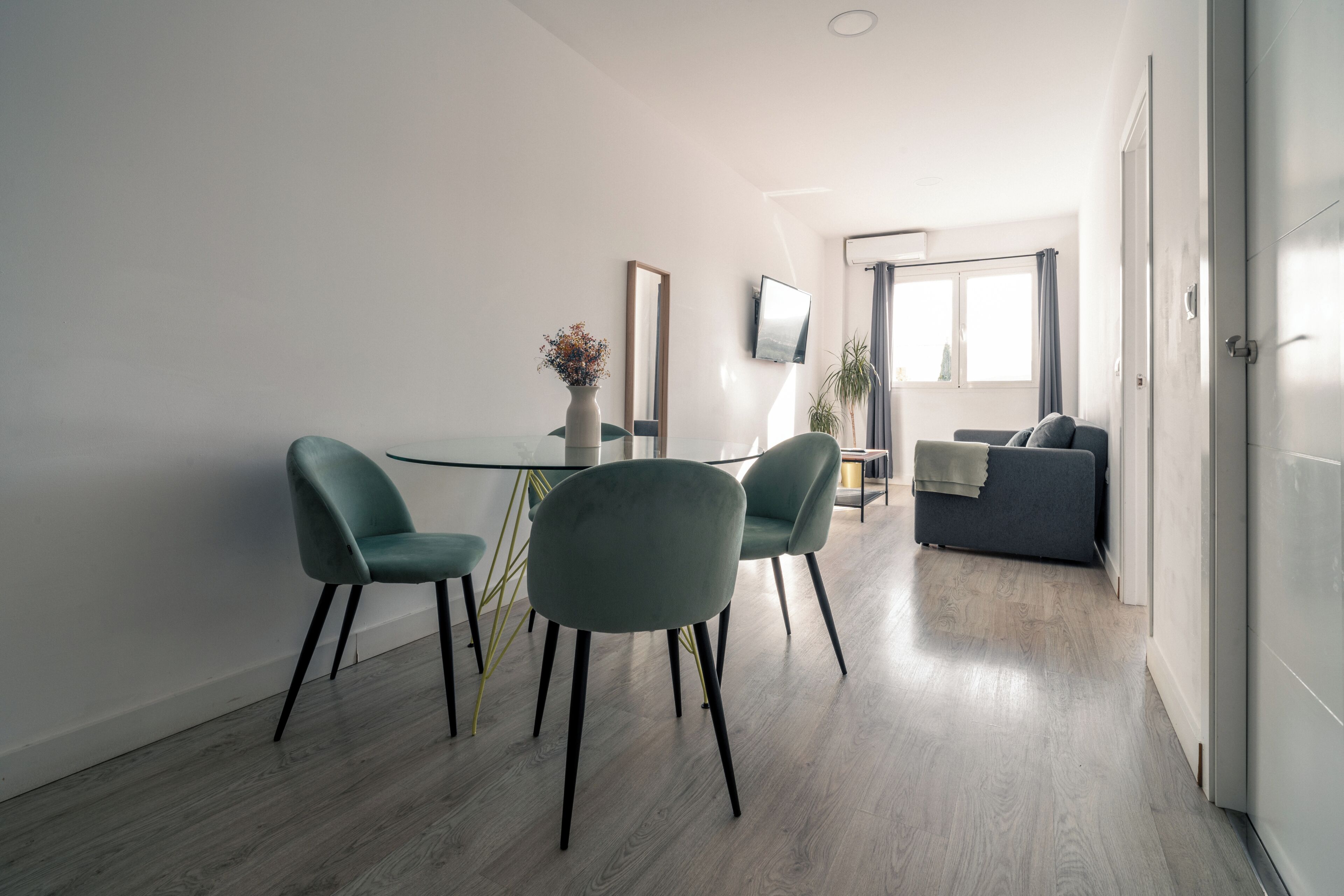 A modern living room with a glass table, two chairs, a sofa, a TV, and a plant.