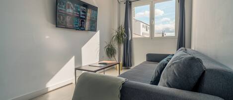 A modern living room with a grey sofa, a mounted TV, a potted plant, and a window with curtains.