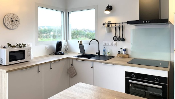 Una cucina moderna con forno a microonde, bollitore, lavello e piano cottura. Finestre che offrono luce naturale e vista sul verde.