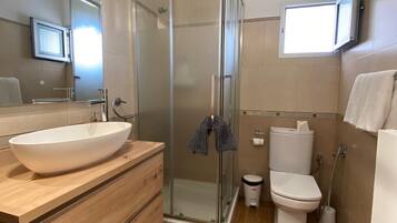 Une salle de bain moderne avec une douche à parois de verre, un meuble-lavabo en bois doté d’un grand évier et des toilettes.