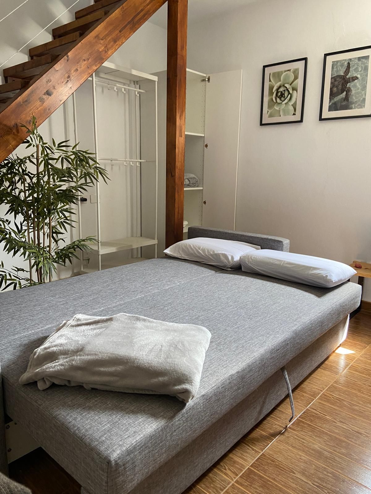 Un dormitorio con una cama, una escalera de madera, una planta y un armario.