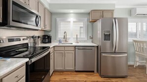 A modern kitchen with stainless steel appliances, a dishwasher, and a window with blinds. - Nicely Renovated Two Bedroom Oceanside Condo (Ocean City)