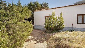 A building with a tiled roof, a gravel path, and dense greenery.