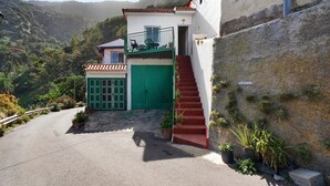 Une maison avec une porte verte, un escalier et des plantes en pot.