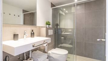 Shower, hair dryer, towels