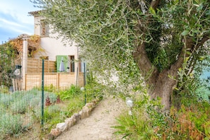 Una casa rústica con un sendero de tierra que conduce a un portón de madera, rodeada de vegetación y una valla.