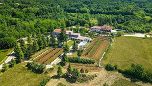 An aerial view of a rural property with multiple houses, extensive gardens, and fields. - Awesome home in Pazin (Pazin)