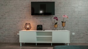 Ein modernes Wohnzimmer mit einem Flachbildfernseher an einer Ziegelwand, einer weißen Unterhaltungsanlage mit einer Lampe und zwei Orchideen in Töpfen sowie einem dunkelgrauen Sofa im Vordergrund.