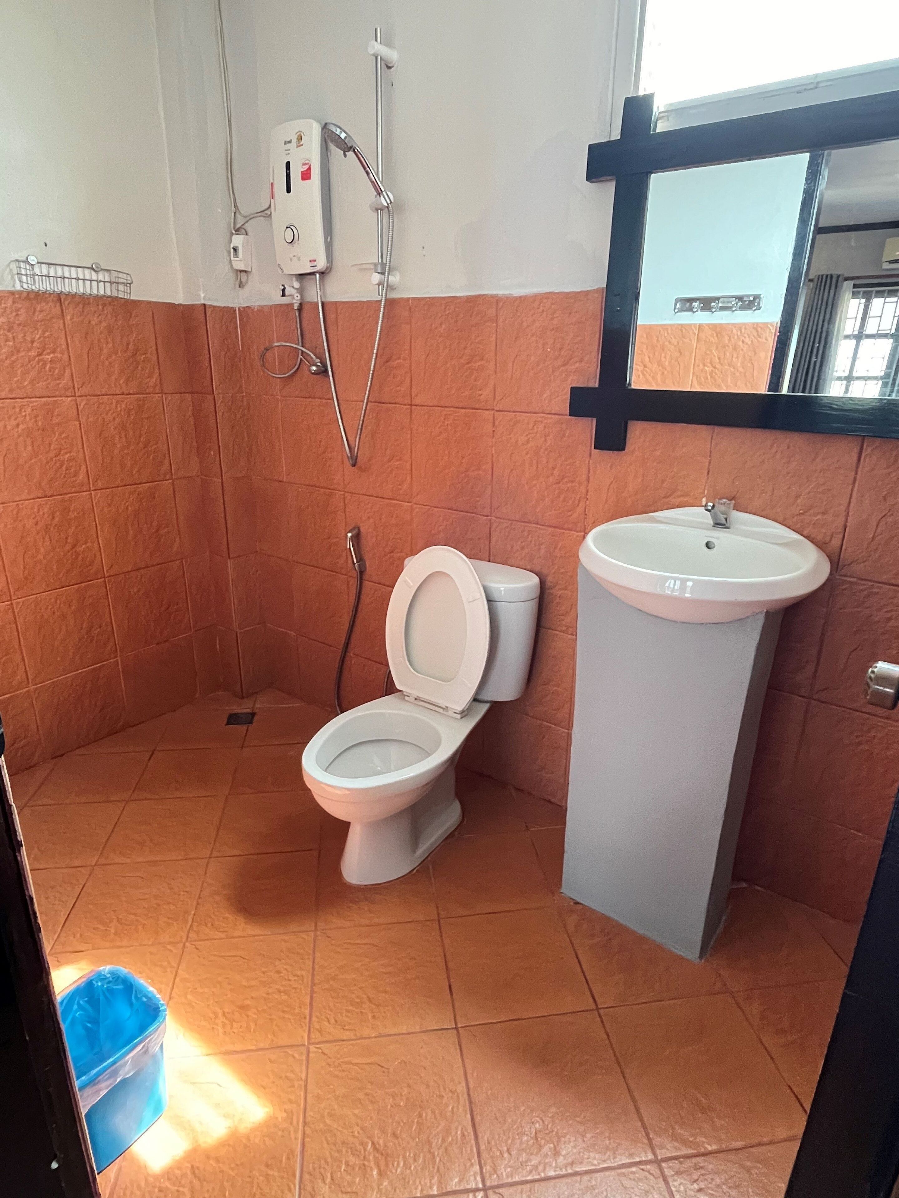 Une salle de bain avec des toilettes, un lavabo et une douche.