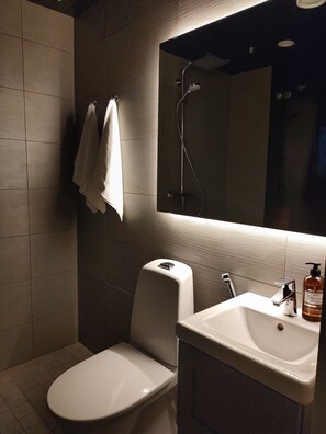 Dusch, hårtork, handdukar och tvål