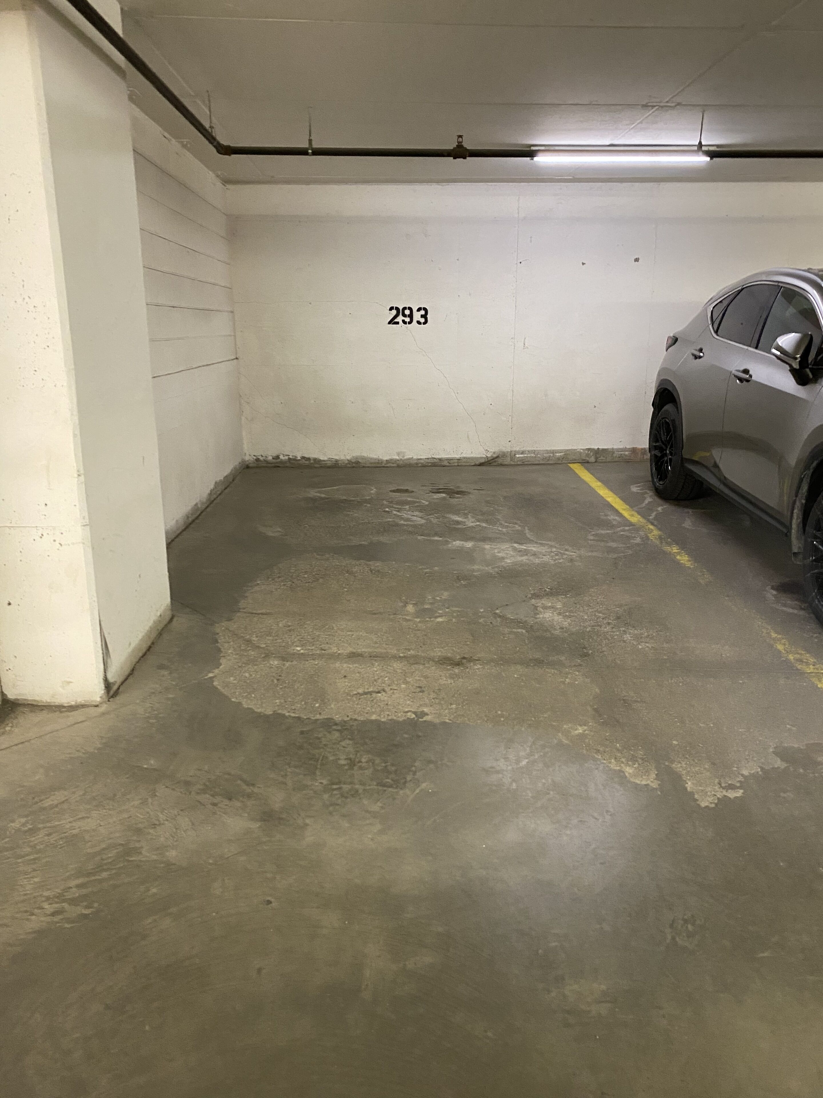 Eine Parkgarage mit Betonboden, weißen Wänden und der Nummer 293 an der Wand.