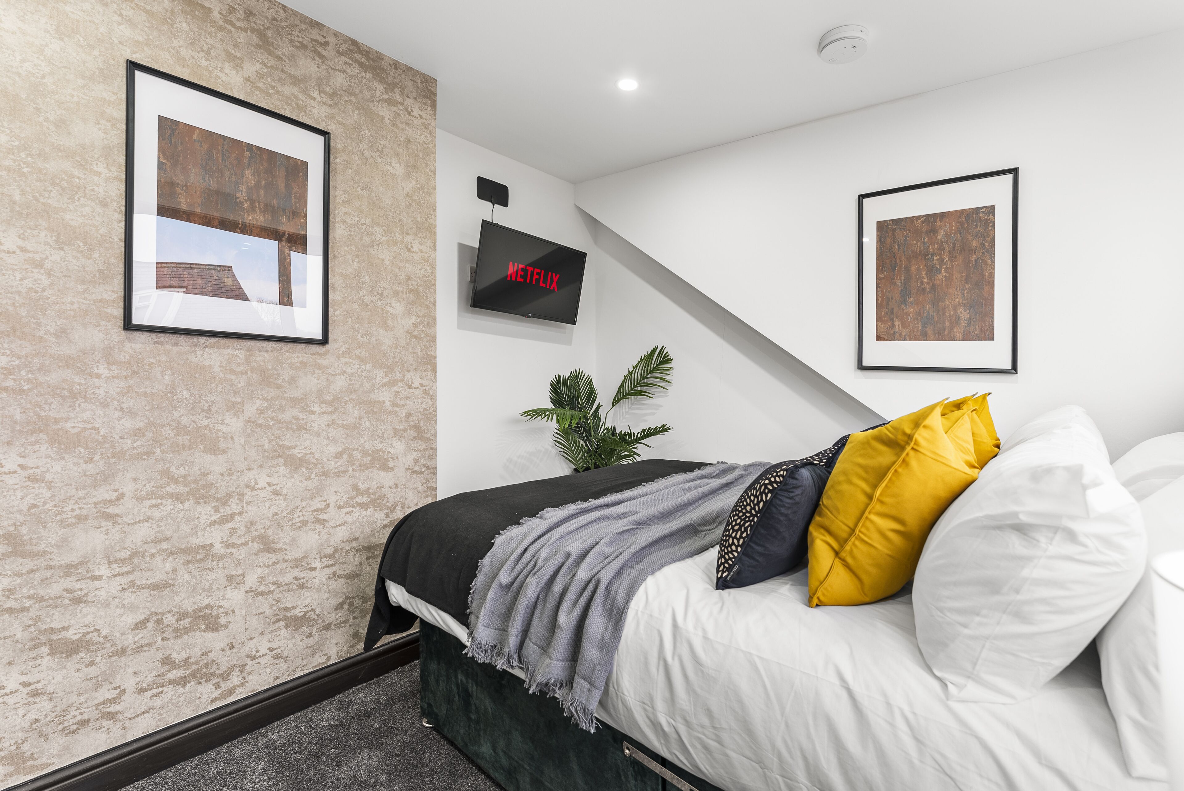 A modern bedroom with a bed, a mounted TV, and framed artwork on the walls.