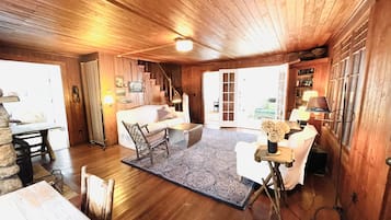 TV, fireplace, books