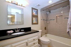 Hair dryer, towels, soap, toilet paper