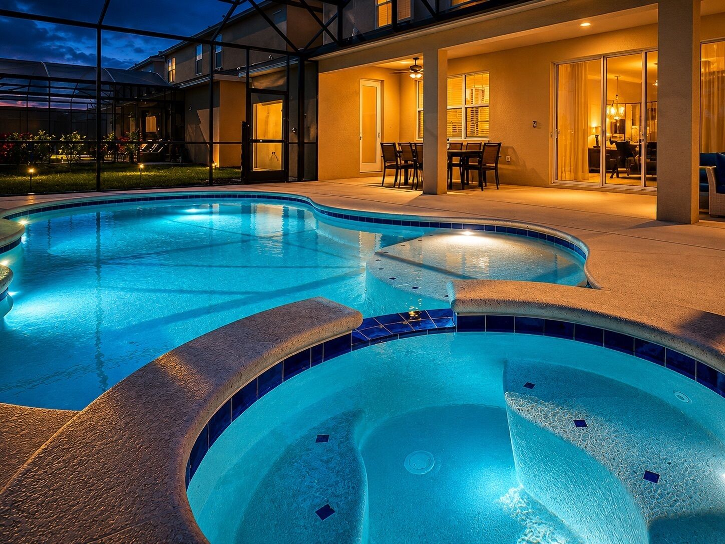 A swimming pool with a hot tub, a covered patio area, and a dining space.