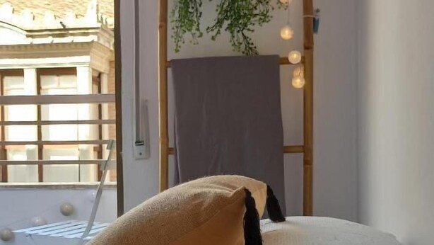 A bedroom with a bed, a window, and a hanging plant. - Hostal Sol (Zamora)
