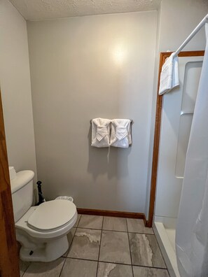 Regadera, toallas, jabón, papel de baño 