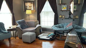 TV connectée, cheminée, médiathèque, écrans d'ordinateur