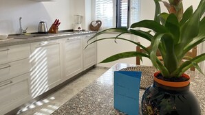 A kitchen with a granite countertop, white cabinets, a coffee maker, and a potted plant. - Charming retreat near Polignano | Private parking + electric car charging station (Puglia)