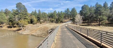 A bridge with a metal railing, a dirt path, and a body of water on one side.