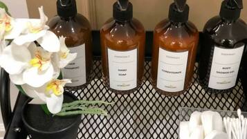 Hair dryer, towels, soap, toilet paper