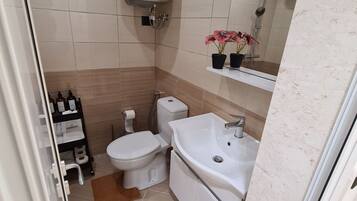 Hair dryer, towels, soap, toilet paper