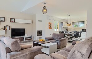 Televisión, chimenea, futbolito y tenis de mesa 