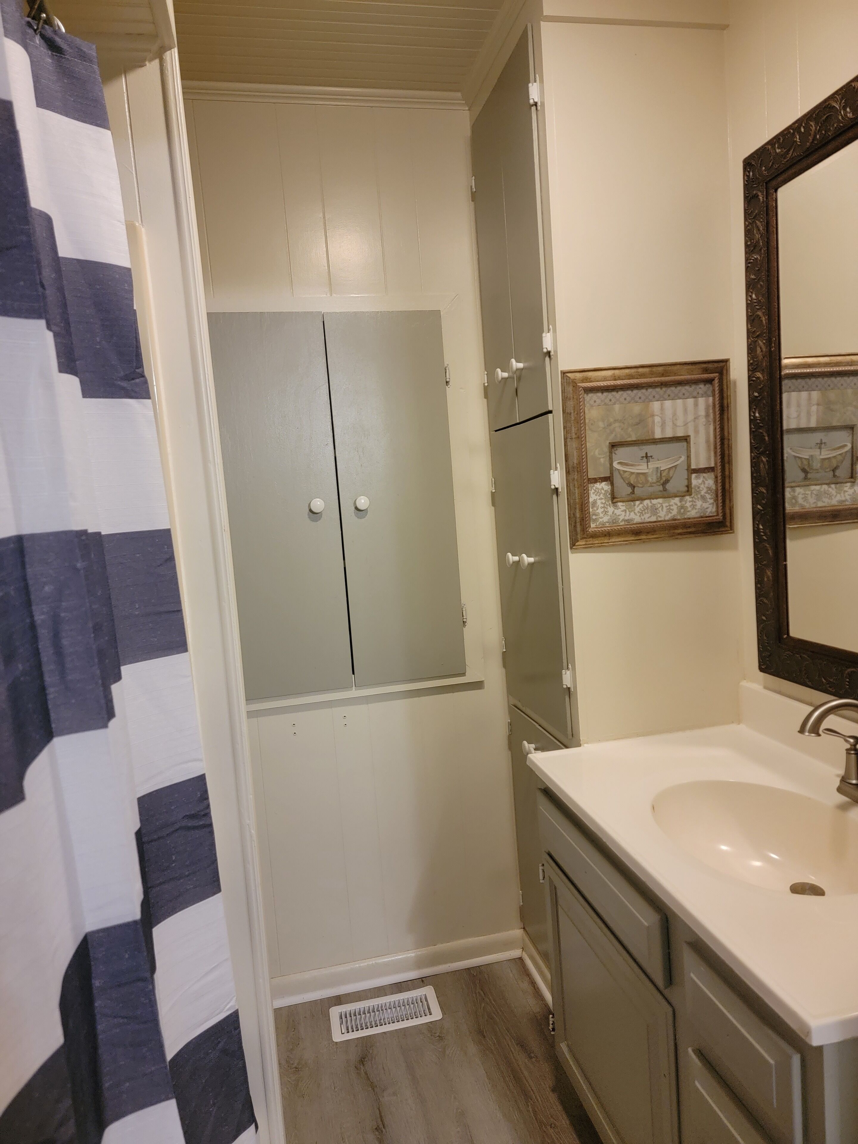 Une salle de bain avec un rideau de douche, un lavabo, un miroir et un meuble de rangement.