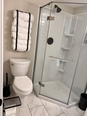 Shower, hair dryer, towels, soap