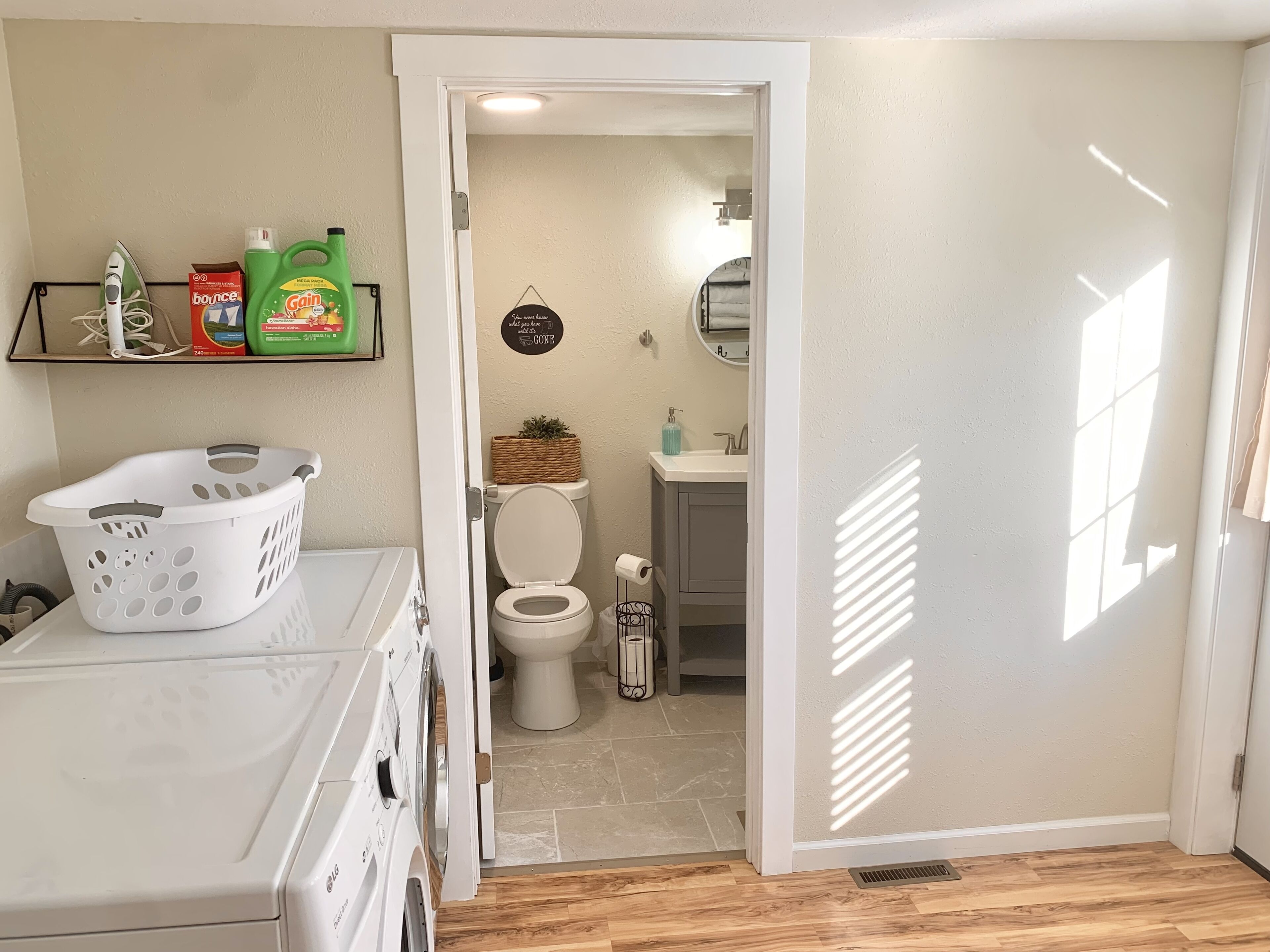 Hair dryer, towels, soap, shampoo