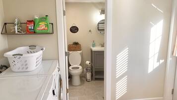 Hair dryer, towels, soap, shampoo