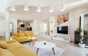 TV, fireplace, table football, ping pong