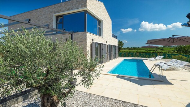 A modern house with a swimming pool, outdoor seating, and a view of the countryside. - Awesome home in Novigrad (Novigrad)