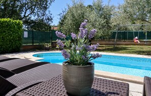 A swimming pool with a potted plant in the foreground.