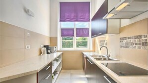 A modern kitchen with a window, built-in appliances, and a backsplash with kitchen-related words. - Villa Old School House (Tinjan)