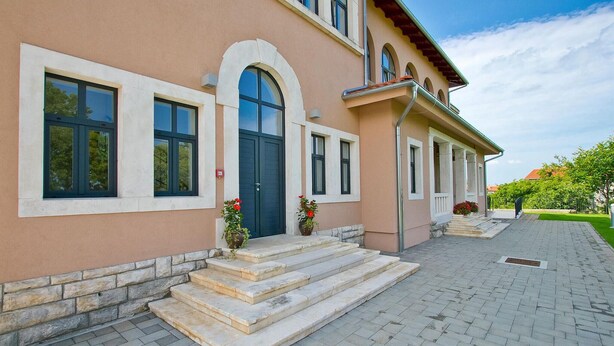 A two-story building with a beige facade, large windows, and a stone staircase leading to the entrance. - Villa Old School House (Tinjan)