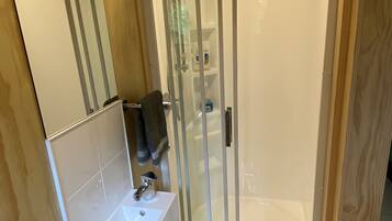 Shower, towels, soap, shampoo