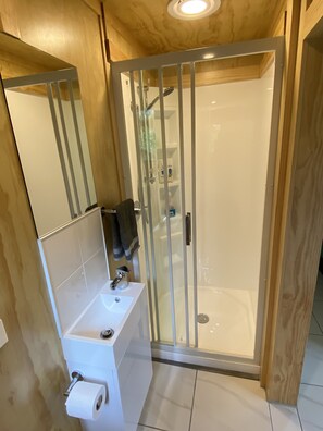 Shower, towels, soap, shampoo