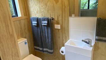 Shower, towels, soap, shampoo
