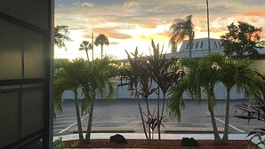 A view of a parking lot with palm trees and a building in the background. - Beachy Boho. August specials Waterfront Building 1st Floor, 1 Block to Beach (Madeira Beach)