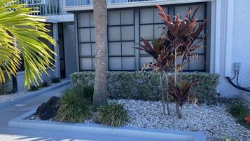 A modern building with a balcony, a palm tree, and a well-maintained garden with various plants and a gravel pathway.