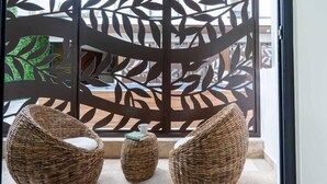 A room with three wicker chairs and a decorative screen with leaf patterns. - Stylish Studios Pool Near Beach (Playa del Carmen)
