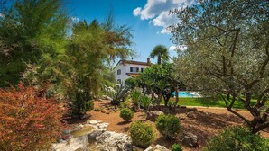 A house with a swimming pool, surrounded by various plants and a small stream.