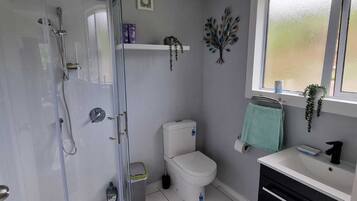 Shower, hair dryer, towels, shampoo