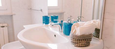 Shower, hair dryer, bidet, towels