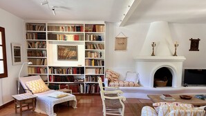 A living room with a fireplace, bookshelves, a sofa, a chair, and a small table.