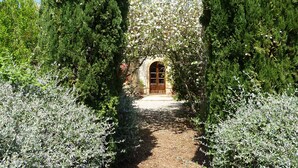 A pathway leading to a building with an arched entrance, surrounded by dense evergreen trees and flowering shrubs.