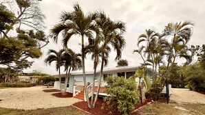 A house with a porch, surrounded by palm trees and a gravel driveway.