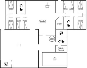 A hotel floor plan with multiple rooms, a kitchenette, a bathroom, and a small shop.